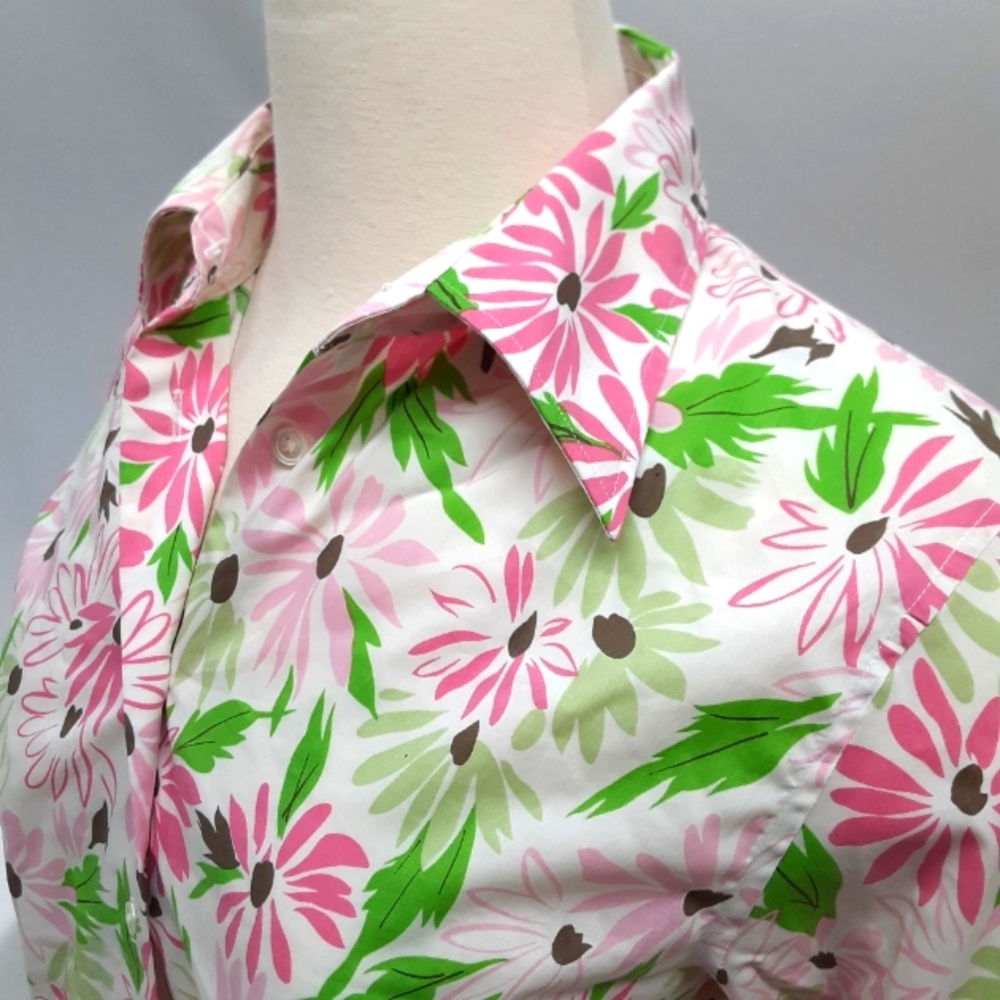 Lands End polished Cotton floral button up ¾ sleeve pink green women's Small top